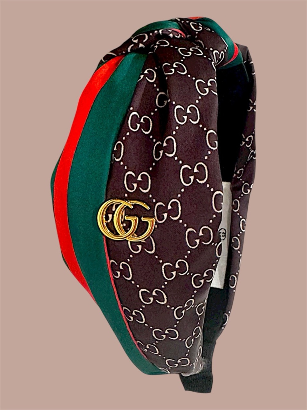 Brown GG Pattern Headband with Green and Red Stripe